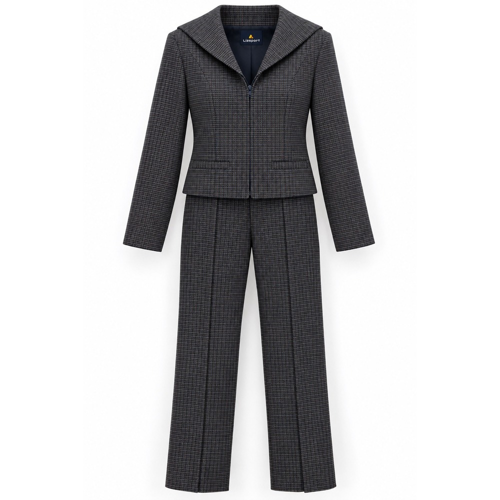 Vintage Lizsport Micro Check Plaid Pantsuit Size 8 Y2K Sailor Collar 2 Piece Set